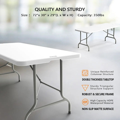 Six Foot Folding Table For Indoor Outdoor Use, Portable Long Rectangular Table with Smooth HDPE Top, White, Sturdy Gray Frame