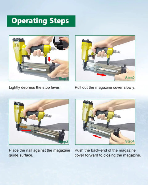Operating steps for Rock Solid 23 Gauge Pin Nails 10000 Count 5/8 Inch Galvanized Micro Headless Fasteners for pin nailer.