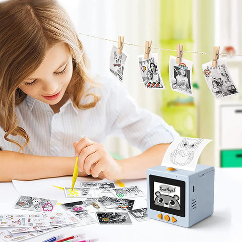 Smart AI Voice Controlled Thermal Sticker Printer With 2.4 Inch HD Display And Portable ABS Construction For Hassle Free Setup, in use by a child creating stickers.
