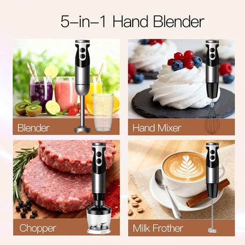 5-in-1 No Fuss 1000W Immersion Hand Blender With Multi Attachments and Quick Chopper for smoothies, soups, and batter.