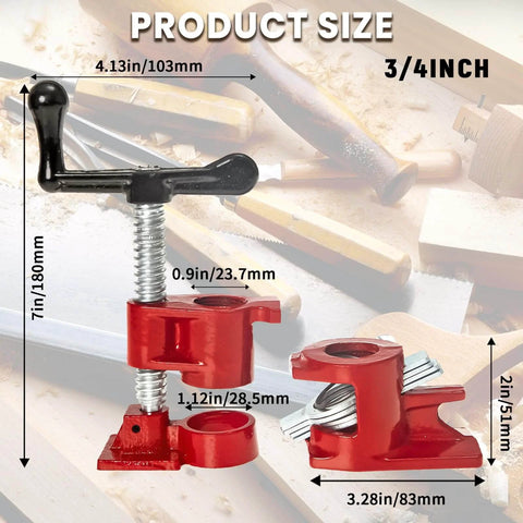 Eight Pack 3/4 Inch Pipe Clamps For Woodworking And Gluing Set Heavy Duty Cast Iron Pipe Clamp with dimensions in a workshop.