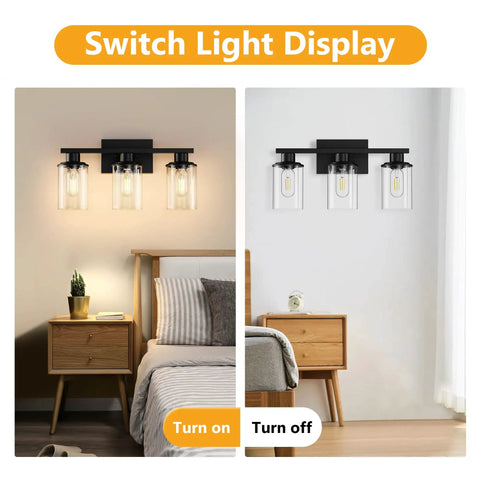Dope Black Bathroom Vanity Light Fixtures Over Mirror 3-Light Wall Sconce With Clear Glass Shades switch display on wall