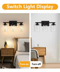 Black Bathroom Vanity Light Fixtures Over Mirror 4 Light Modern Wall Sconce Lamps With Glass Shades, shown in on and off modes