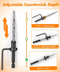 Adjustable countersink depth tool with a hex shank and drill bit, detailing steps for depth adjustment, high speed steel construction.