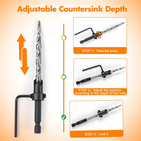 Adjustable countersink depth tool with a hex shank and drill bit, detailing steps for depth adjustment, high speed steel construction.