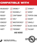 Compatibility list for 9Pc Oscillating Multi Tool Blade Kit With Slick Quick Swap Feature across multiple brands like DeWALT and Ryobi.