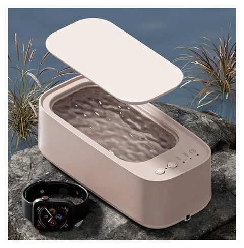 Buff That Bling Out Smooth With This Timed Ultrasonic Cleaner Delivering High Frequency Vibration For Legit Deep Cleaning Of Rings Watches Eyewear Tools Compact Clean As A Whistle Setup shown with open lid and nearby smartwatch.