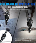 M35 Pro Grade Cobalt Step Drill Bit Set With Four Spiral Flute Nine Sizes From One Eighth To One Inch Three Eighths Inch Shank