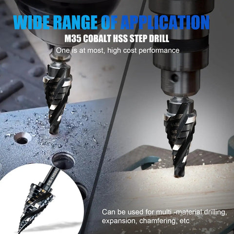 M35 Pro Grade Cobalt Step Drill Bit Set With Four Spiral Flute Nine Sizes From One Eighth To One Inch Three Eighths Inch Shank
