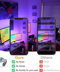 Room with different lighting effects demonstrated on phones using Outdoor RGB Flood Lights With 500W Equivalent Brightness Bluetooth App Control IP66 Waterproof And Timing 2700K Warm White Plus 16 Million Colors And 23 Lighting Modes For Stage And Landscape 2 Pack.