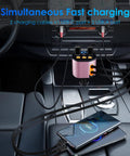 5 In 1 Ride Ready Retractable Car Charger With 90W Heavy Hitter Fast Charge And Bluetooth 5 3 FM Transmitter For Handsfree Cruise Calls Plus Two Tidy Pullback Cables For A Darn Slick Dashboard Setup connected in car, charging two devices with cables.