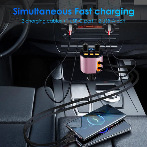 5 In 1 Ride Ready Retractable Car Charger With 90W Heavy Hitter Fast Charge And Bluetooth 5 3 FM Transmitter For Handsfree Cruise Calls Plus Two Tidy Pullback Cables For A Darn Slick Dashboard Setup connected in car, charging two devices with cables.