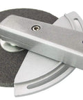 Close-up of Top Shelf 800W Electric Angle Grinder attachment, featuring gray aluminum construction for metal weld cleanup.