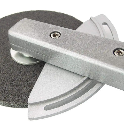Close-up of Top Shelf 800W Electric Angle Grinder attachment, featuring gray aluminum construction for metal weld cleanup.