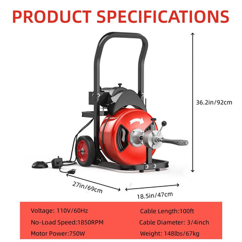 Beat Stubborn Clogs Dead To Rights With This 100ft Auto Feed Sewer Snake Machine, 750w motor and 3/4 inch thick cable specs.