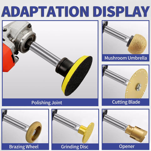 Rock Solid Angle Grinder Extension Rod Adapter Kit With Dead Simple Setup And 3/8 M10 Threads Plus Eight Piece Mounting Set for polishing joint and cutting blade display.