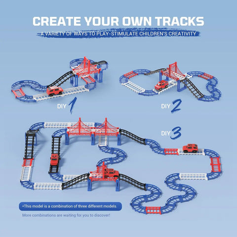 Totally Rad DIY Construction Race Track Set With Battery Powered Car 24 Piece Bridge Building Track Assembly Display