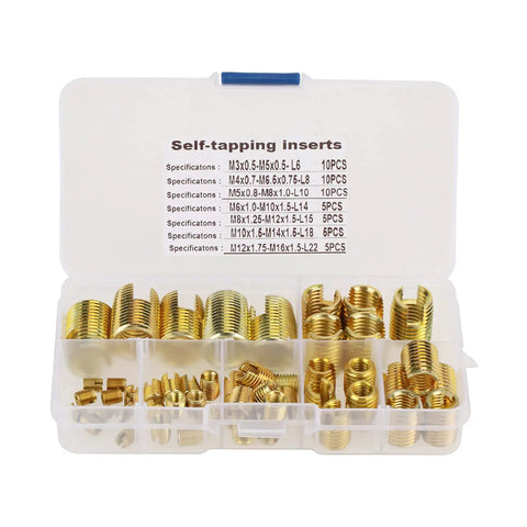 Brass Self Tapping Slotted Inserts Kit For Metal And Plastic Repair, 50 Pcs, Quick Install, Vibration Resistant, Tight Fit, Air Tight Sealing, Pro Grade DIY Fixes For Durable, Easy Home And Workshop Projects, assorted sizes in case