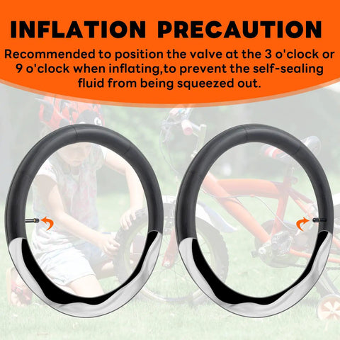 Inflation guide for self sealing bike inner tubes 20x1.75 to 2.125 AV32mm with Schrader valve, showing recommended valve position.