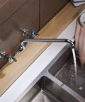 Wall Mount Kitchen Faucet For Utility Sink With 8 Inch Swivel Gooseneck Spout 8 Inch Center 2 Handle Pro Grade Heavy Duty Commercial Sink Faucet For Laundry And Restaurant Chrome Finish installed above sink, water flowing