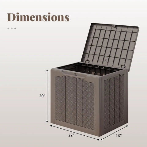 30 Gallon Outdoor Storage Box Bench With Lockable Lid Waterproof Resin Deck Box open showing dimensions of 22x16x20 inches