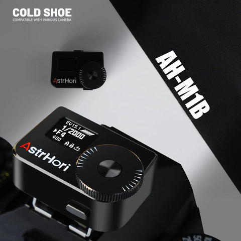 Light Meter With OLED Display And Cold Shoe Mount For Cameras Dial In ISO Aperture And Shutter Speed Ultra Lightweight Bronze Plate At 59g Fits Vintage Leicas And Rangefinder Film Cameras Great For Analog Shoots. black cold shoe light meter with OLED display, dial, and bronze edge on camera