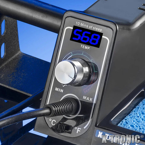 Close-up of Pro Grade 75W Soldering Iron Station with LED Display showing temperature and Celsius Fahrenheit switch.