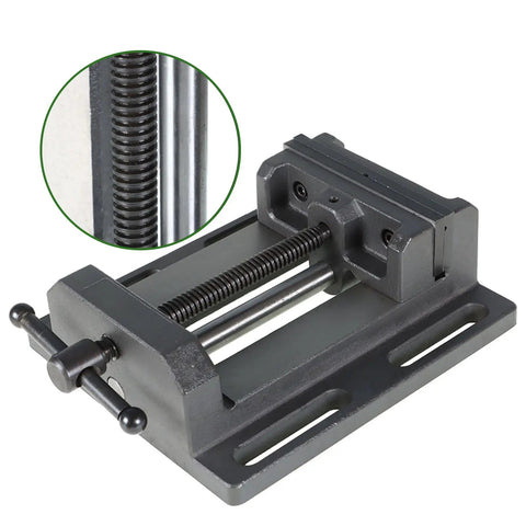 Heavy Duty Six Inch Iron Cast Drill Press Vise with precision guide rods and threaded rod, ideal for workpiece clamping.