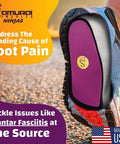 Ninjas Plantar Fasciitis Relief Insoles With Arch Support inside running shoe, made in USA, highlighting foot pain relief.