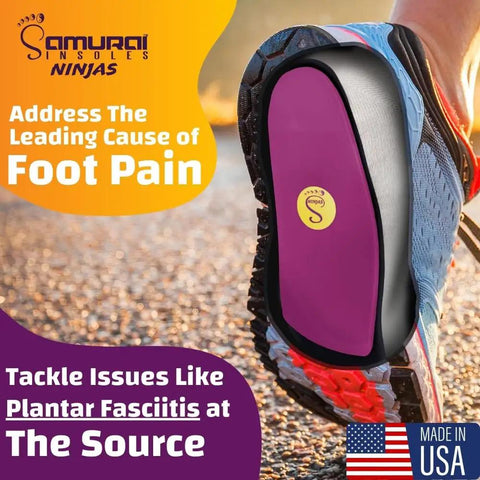 Ninjas Plantar Fasciitis Relief Insoles With Arch Support inside running shoe, made in USA, highlighting foot pain relief.