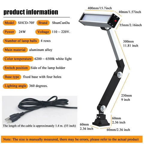 Heavy Duty Led Work Light With Long Arm Aluminum Alloy IP66 Waterproof Table Lamp For CNC Lathe And Drilling Machines 24W 120 Led 110 To 240V US Plug Included, product specifications with dimensions and cable