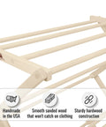 Close-up of Badass Professional Grade Solid Maple Clothes Drying Rack showing smooth sanded wood and sturdy construction.