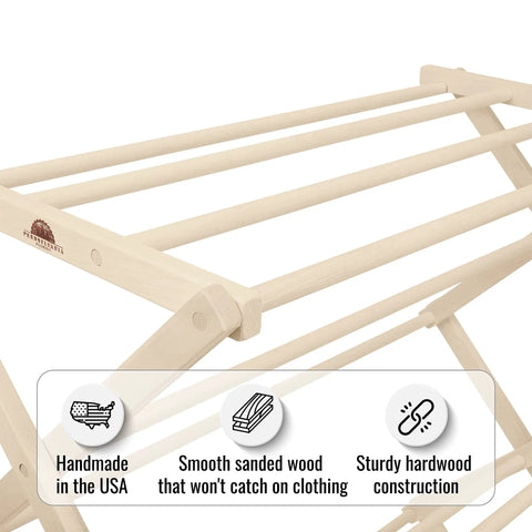 Close-up of Badass Professional Grade Solid Maple Clothes Drying Rack showing smooth sanded wood and sturdy construction.