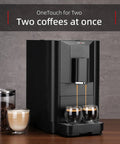 Sweet Home Coffee Setup Featuring A Fully Automatic Espresso Machine That Knocks Out Smooth One Touch Brews Fast With An Integrated Grinder Touchscreen Control Four Quick Drink Picks Compact Black Silhouette Fits Tiny Kitchens Or Offices, brewing two coffees at once.