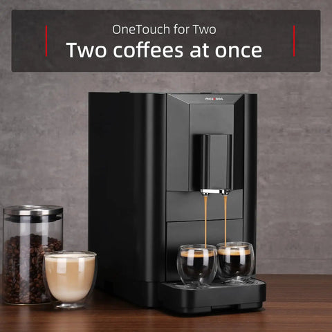 Sweet Home Coffee Setup Featuring A Fully Automatic Espresso Machine That Knocks Out Smooth One Touch Brews Fast With An Integrated Grinder Touchscreen Control Four Quick Drink Picks Compact Black Silhouette Fits Tiny Kitchens Or Offices, brewing two coffees at once.