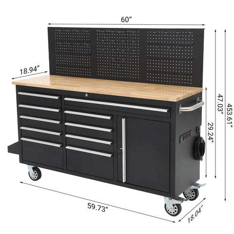 Beefy 61 Inch Tool Cabinet With Wheels 10 Drawers Rolling Tool Chest Heavy Duty Storage Workbench With Power Strip Solid Wood Top 1675 Lbs Capacity Mobile Tool Box For Garage And Shop.