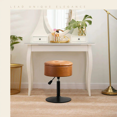 360 Degree Swivel Vanity Stool With Hidden Storage, whiskey brown faux leather, in front of white vanity table in makeup room.
