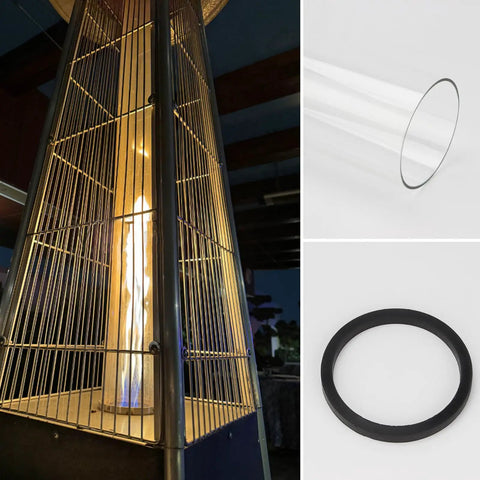 Replacement Glass Tube For Patio Heaters About 49 And A Half Inch Tall 4 Inch Diameter With Silicone Ring Easy Install Fits Four Sided Pyramid Flame Outdoor Heaters Works With Hiland Fire Sense And Other Major Brands, showing an installed glass tube, silicone ring, and a lit heater.