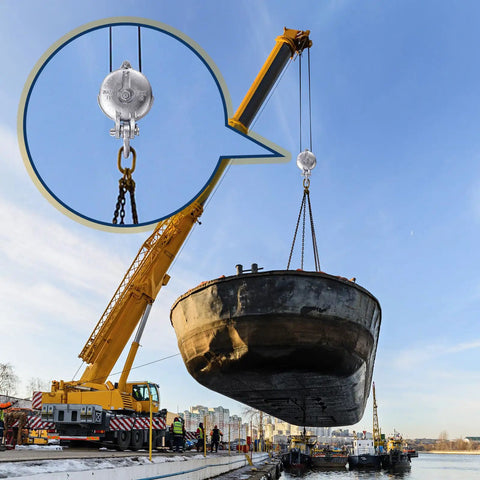 Heavy Duty Snatch Block Pulley With Shackle And Pin, 4.5 Ton Capacity, 5 Inch Sheave, Silver Finish, Wire Rope Cable Pulley For Rigging, Lifting, Towing, Off Road, Marine Use, used on crane lift