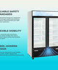 Shop Grade 49 Cubic Foot Double Glass Door Commercial Merchandiser Freezer In Clean White with double glass doors and eight shelves.