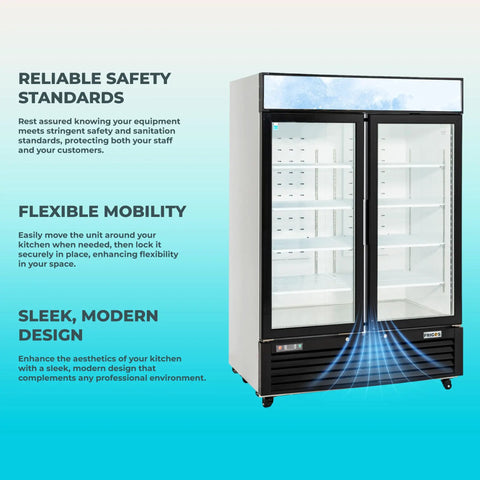 Shop Grade 49 Cubic Foot Double Glass Door Commercial Merchandiser Freezer In Clean White with double glass doors and eight shelves.