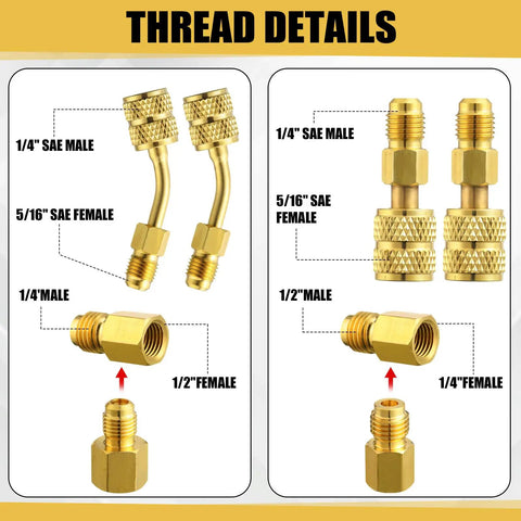 HVAC Vacuum Rated Valve Core Remover And Installer Tool Set brass thread adapters, 1/4, 5/16, 1/2 SAE male and female
