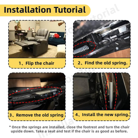 Installation tutorial images for Rock Solid 7 Inch Heavy Duty Recliner Springs Replacement Kit stainless steel couch mechanism parts.