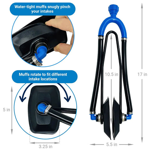 Dual Flow Water Muffs For Outboard Motors, Dockside Ready Double Sided Engine Flush Kit With Hose Adapter dimensions