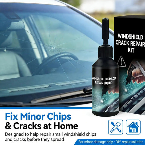 All In One Windshield Crack Repair Kit For Cars And Auto Glass Chips Quick Fix Glass Repair Tool For Windshields And Windows Easy Resin Bond To Restore Clarity And Strength Fast Without Replacing It bottle and packaging front view with windshield crack background