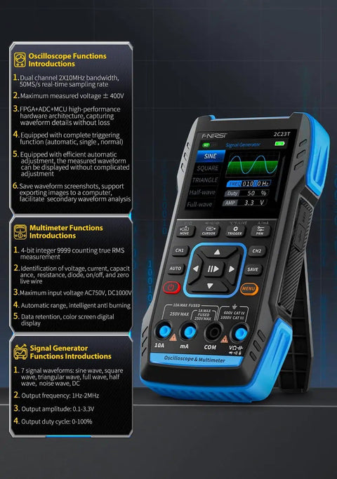 Three In One Oscilloscope Multimeter And DDS Signal Generator Handheld Tool with two channels shown with function display