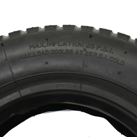 Close-up of Beefy 8 Inch Wheelbarrow Tire With Inner Tube 3.25 3.00-8 4PR 25 PSI Max text on sidewall