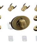 Set of five bronze oval turn-lock clasps with washers and mounting plates for handbags