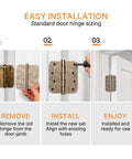 Top Shelf Floral Door Hinges 4 5/8 Inch Laser Etched Decorative Hardware installation steps on standard door.