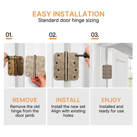 Top Shelf Floral Door Hinges 4 5/8 Inch Laser Etched Decorative Hardware installation steps on standard door.